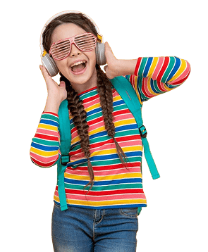 Girl with headphones and colorful shirt