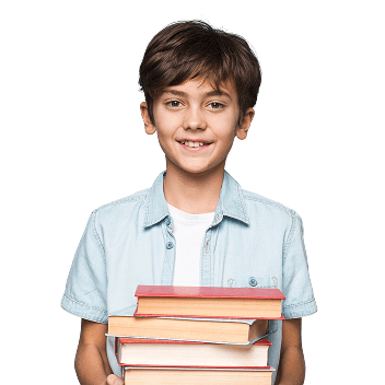 Boy holding stack of books